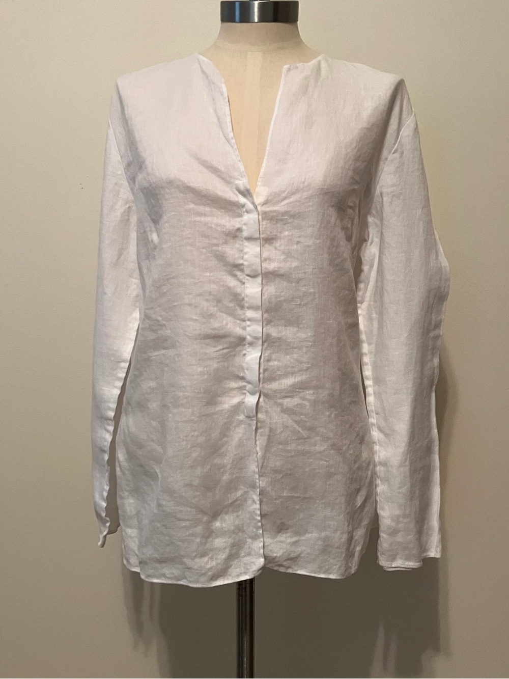 Womens White Linen Tunic Button Down Blouse Shirt Long Sleeve Minimalist Sz. M